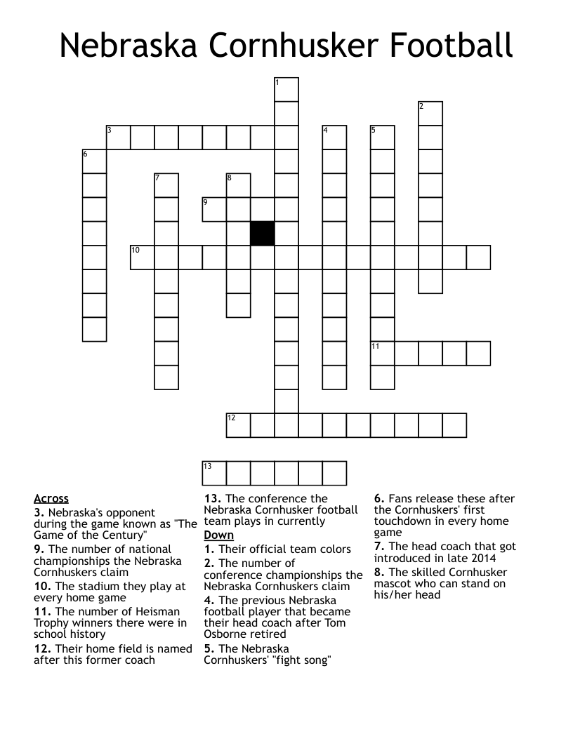 Nebraska Cornhusker Football Crossword